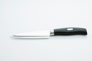 Kitchen: Top View of Kitchen Knife with Stainless Steel Blade on White Background