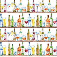Fototapety  Seamless pattern of a champagne,vodka, cognac, wine, beer and glass. Painting of a alcohol drink in the bar .Watercolor hand drawn illustration.White background.