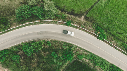 Top view of the path through the trees and field. From drone