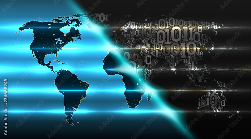 Poster World map with continents from a binary code with a background of abstract electronics.  Concept of cloud service, iot, ai, big data, vector illustration