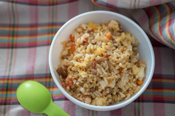 Fried egg with Thai Jasmine rice, homemade food for kid