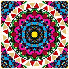 colorful floral ornament with decorative border. Ethnic mandala decoration. For fashion print, bandanna, tablecloth, neck scarf