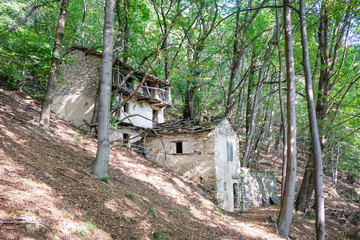 Fototapeta na wymiar Abandoned houses in the woods.