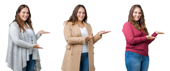 Collage of beautiful plus size woman over isolated background Inviting to enter smiling natural with open hand