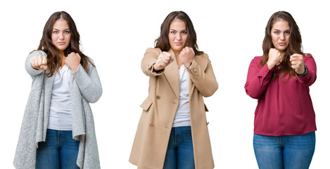 Obraz premium Collage of beautiful plus size woman over isolated background Punching fist to fight, aggressive and angry attack, threat and violence