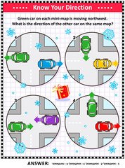 Map skills learning and training activity page or workshee, winter or winter holidays themedt: Red car on each mini-map is moving northwest. What is the direction of the other car on the same map?
