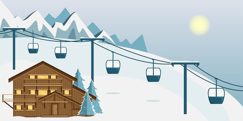 Cozy wooden Chalet in the mountains. Mountain landscape. Flat style. Ski resort.