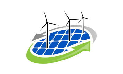 Green Energy with wind turbine and solar panel logo