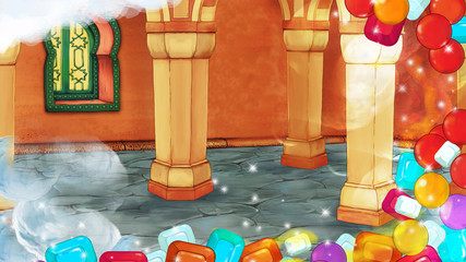 cartoon scene with medieval arabic room - far east ornaments with treasure frame - the stage for different usage - illustration for children