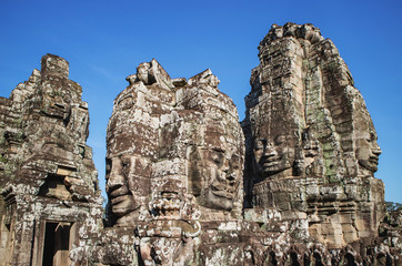Ancient Buddha Stone Faces of at Bayon Temple, Siem Reap, Cambodia