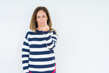 Beautiful middle age woman wearing navy sweater over isolated background Showing middle finger, impolite and rude fuck off expression