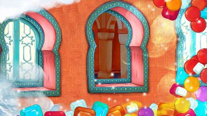 cartoon scene with medieval arabic room with treasure frame- far east ornaments - the stage for different usage - illustration for children