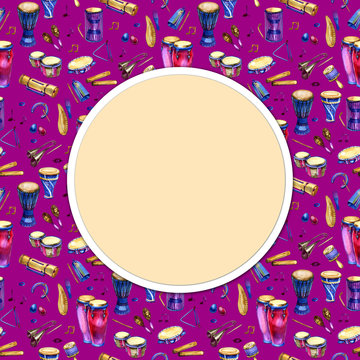 White round background with musical percussion instruments. Watercolor music illustration. Frame.