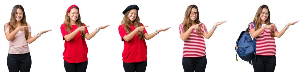 Collage of beautiful young woman over isolated background amazed and smiling to the camera while presenting with hand and pointing with finger.