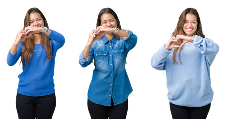 Collage of beautiful young woman over isolated background smiling in love showing heart symbol and shape with hands. Romantic concept.