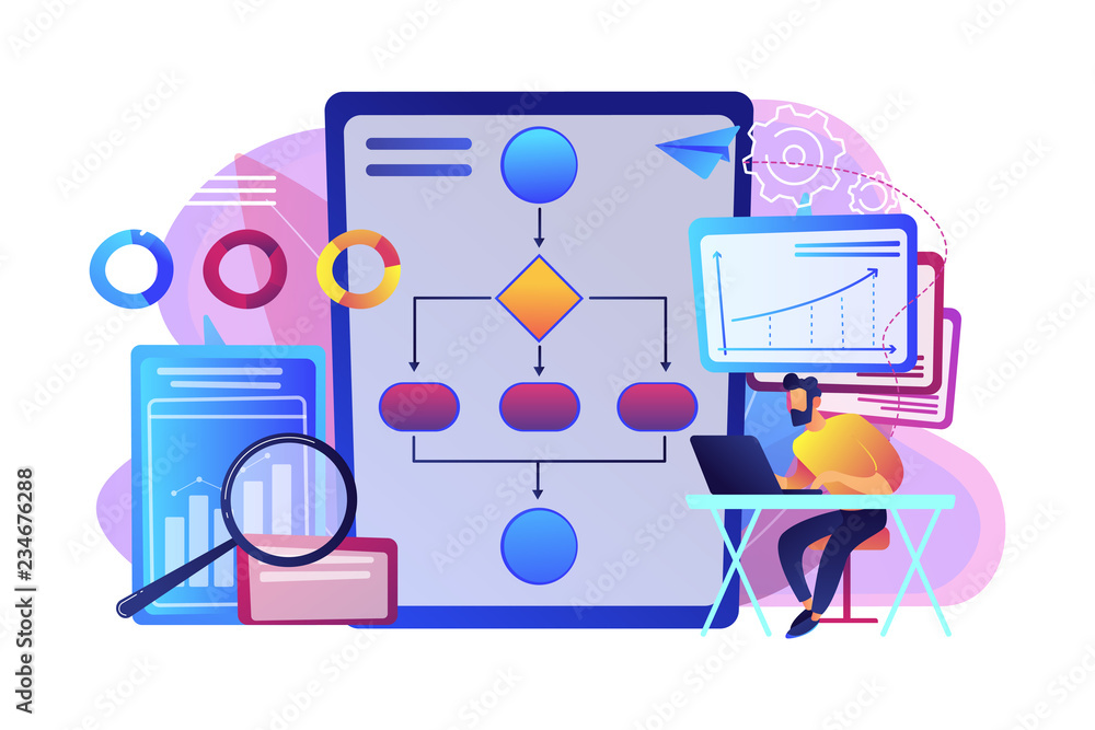 Poster analyst working at laptop with automation process. business process automation, business process wor
