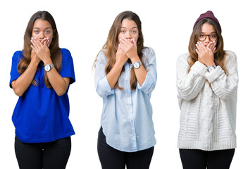 Collage of beautiful young woman over isolated background shocked covering mouth with hands for mistake. Secret concept.