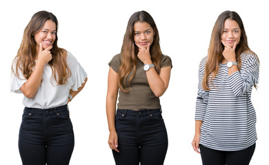 Obraz premium Collage of beautiful young woman over isolated background looking confident at the camera with smile with crossed arms and hand raised on chin. Thinking positive.