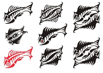 Abstract peaked skeleton fish symbols. Double fish symbols and flaming ornate fishes for your designs or business projects