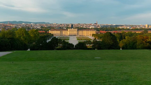 Wide angle shot of the Schonbrunn Palace, a former imperial summer residence of Habsburg monarchs located in Vienna, Austria