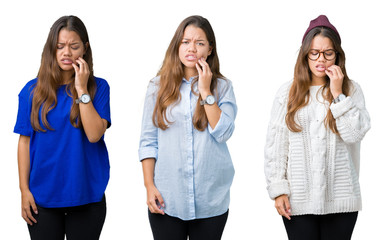 Collage of beautiful young woman over isolated background touching mouth with hand with painful expression because of toothache or dental illness on teeth. Dentist concept.