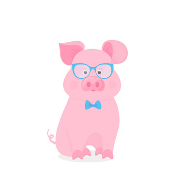 Cute pig sits in glasses and a bow tie. Funny piggy. The symbol of the Chinese New Year