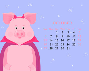 Cute pig in a raincoat and horns imp. Monthly calendar for October 2019 from Sunday to Saturday. Funny piggy. The symbol of the Chinese New Year