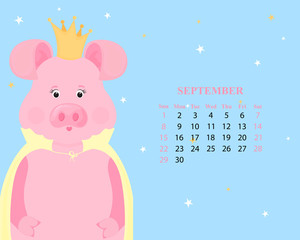 Cute cartoon pig princess in a crown and a cape. Monthly calendar for September 2019 from Sunday to Saturday. Funny piggy. The symbol of the Chinese New Year