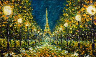 Oil Painting, Paris. European night city landscape. France, Wallpaper, eiffel tower. Night Modern art. Lanterns trees in the park © weris7554