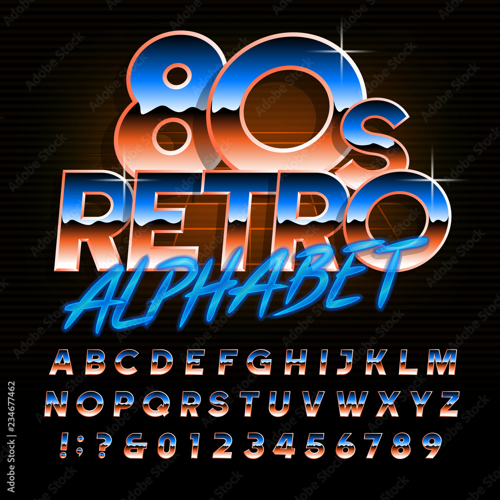 Poster 80s retro alphabet font. uppercase oblique shiny gradient letters and numbers. stock vector typescri