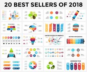 Best infographic templates of 2018. Presentation slides set. Circle diagrams, timelines, banners, light bulb, puzzle brain, medical plus, creative brush stroke, education head, recycle battery.