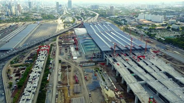 Aerial view of Bang Sue central station, the new railway hub transportation building under construction in Bangkok, Thailand.