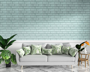 Tropical Loft interior mock up with sofa and decoration and mint brick wall on granite floor .3D rendering