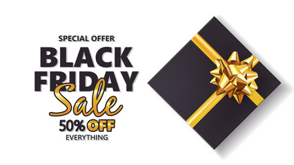 Black friday sale background with gift box and golden bow. Modern design.Universal vector background for poster, banners, flyers, card
