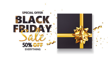 Black friday sale background with gift box and golden bow. Modern design.Universal vector background for poster, banners, flyers, card
