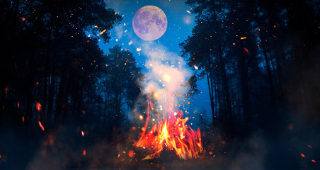 Night forest, a fire is burning, a big moon. Moon map element furnished by NASA - obrazy, fototapety, plakaty