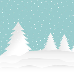 Snow forest. Pines, trees and mountain in winter. Paper vector Illustration.