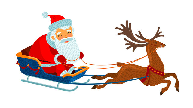 Santa Claus is riding in a sleigh. Christmas concept. Cartoon vector illustration