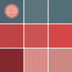 Set of nine warm abstract vector patterns with wave shapes, seamless repeat. Trendy graphic style. Great for textiles, wallpapers, christmas themed designs, scrapbooking, wrapping paper etc.