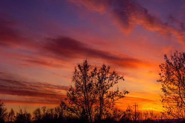 Fototapeta na wymiar Winter sunset, purple sky clouds