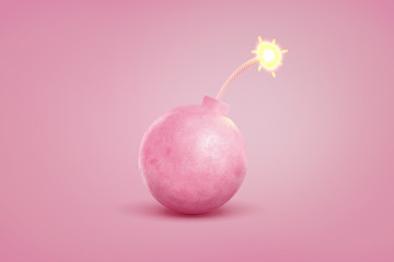 3d rendering of single large pink iron bomb with a lit fuse stands on a pastel pink background.