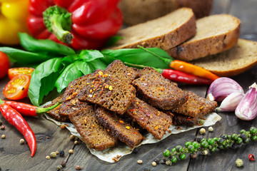 Bread rusks on a wooden table