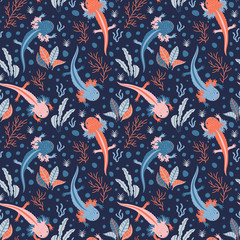 Lovely axolotl vector pattern, seamless repeat in red and blue shades. Trendy hand drawn style. Great for editorial & textile design, wallpapers, backgrounds, scrapbooking, wrapping paper, cards etc.