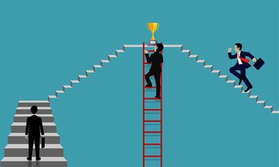 businessman walking up on staircase go to goal . destination, victory  to success concept with idea. leadership concept. Ladder to success business. Cartoon vector illustration
