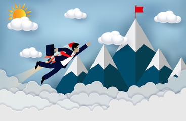 Businessmen flying with rocket engines forward to goal to achieve success. business Concept. Modern ideas creativity. advantage. illustration of nature landscape sky with cloud and mountain. paper art