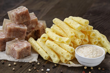 Chips on a wooden table