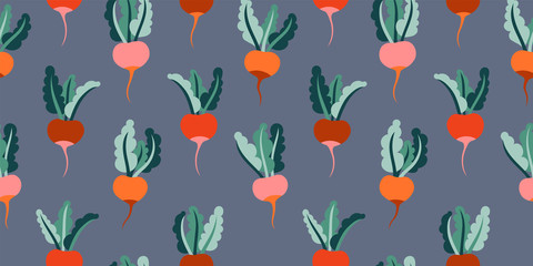 Lovely bright beet pattern on dark background, seamless vector repeat. Modern cute flat elements, perfect for editorial & packaging design, apparel, home decor, healthy lifestyle concepts etc.