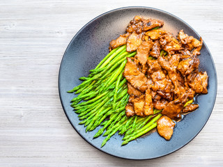top view of fried Beef with green asparagus