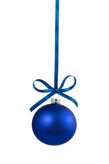 Blue christmas ball hanging on ribbon with bow, isolated on white.