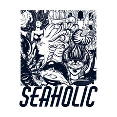 Vector hand drawn illustration of diver, mermaid,mouth with fish, nautilus shell, cancer. Surreal artwork.  Template for card, poster, banner, print for t-shirt, badge, patch and pin.
